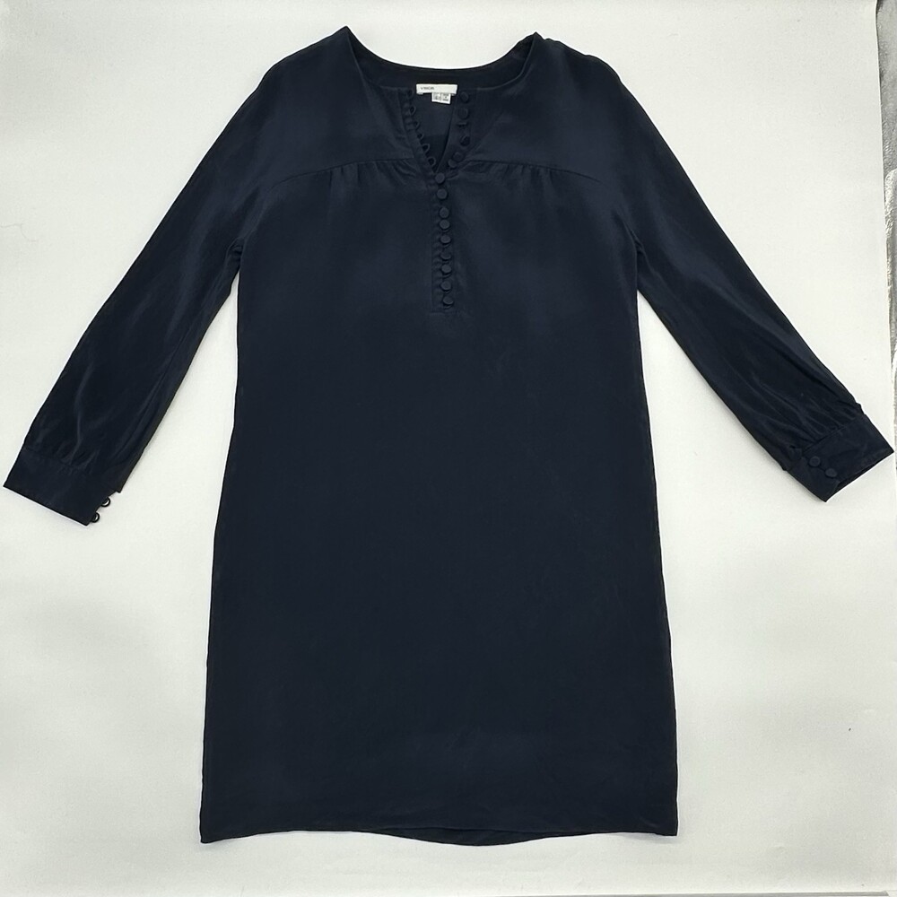Vince Women's Size Small Navy Blue 100% Silk Button Up Lined Shift Mini Dress